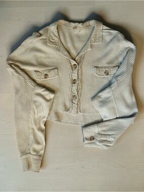 Free People Cropped Waffle Shirt Cream Size M